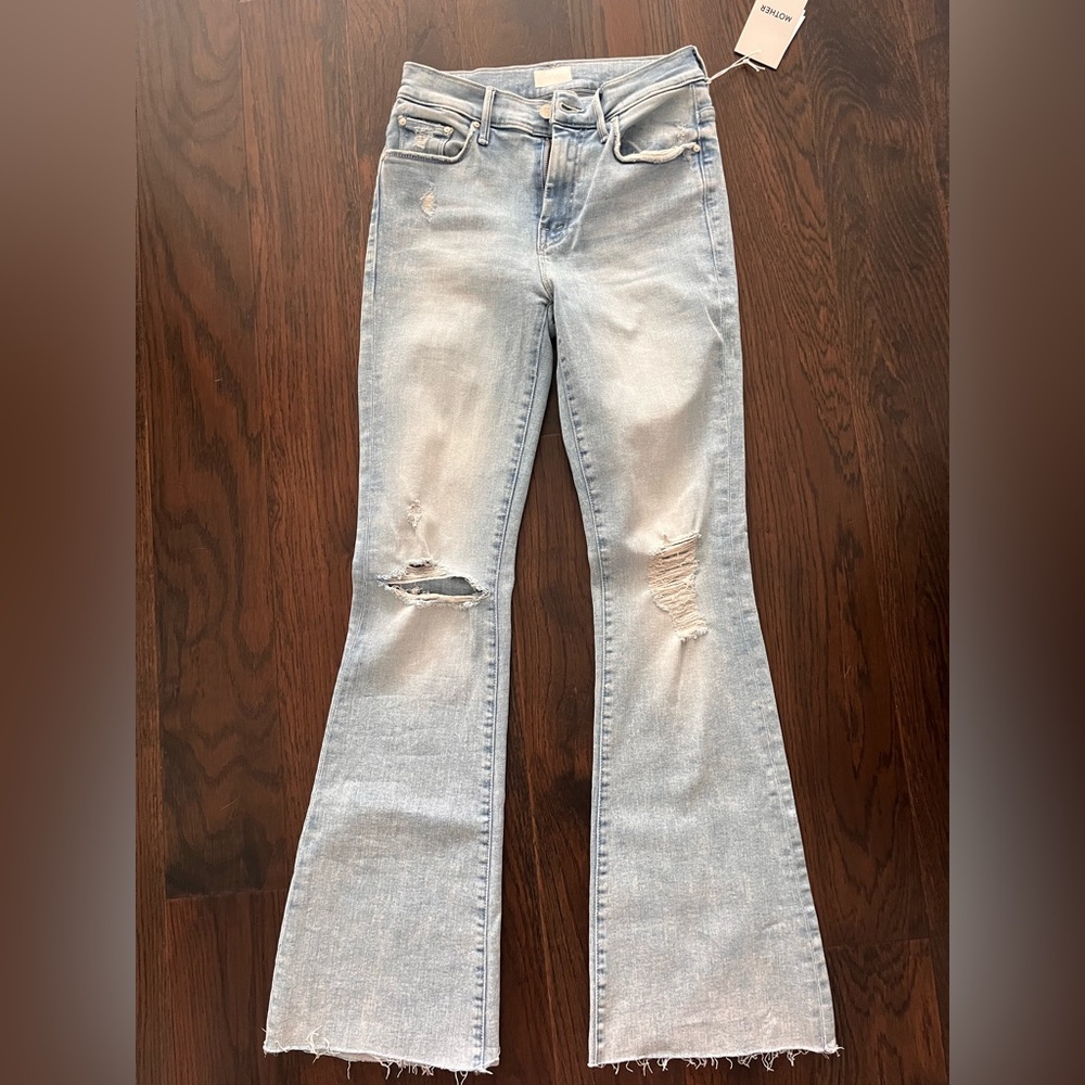 MOTHER Light Blue Distressed Flare Jeans